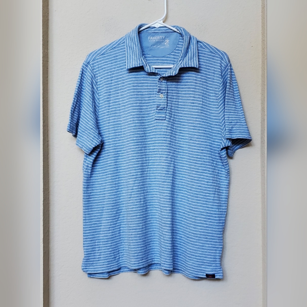 Faherty Light Blue Striped Polo Shirt. Size Large